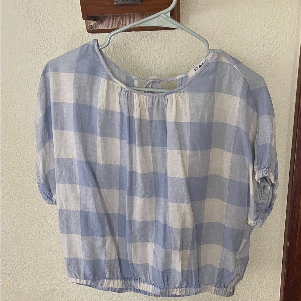 Madewell Blue & White Plaid Crop Blouse Tie-Back